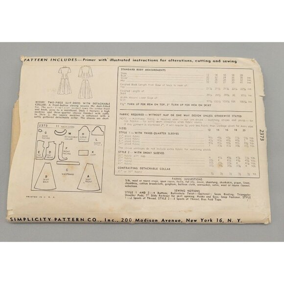 Uncut Simplicity 1940's Suit Dress Detachable Collar Sew Pattern 2373 Size 16 - Picture 3 of 3